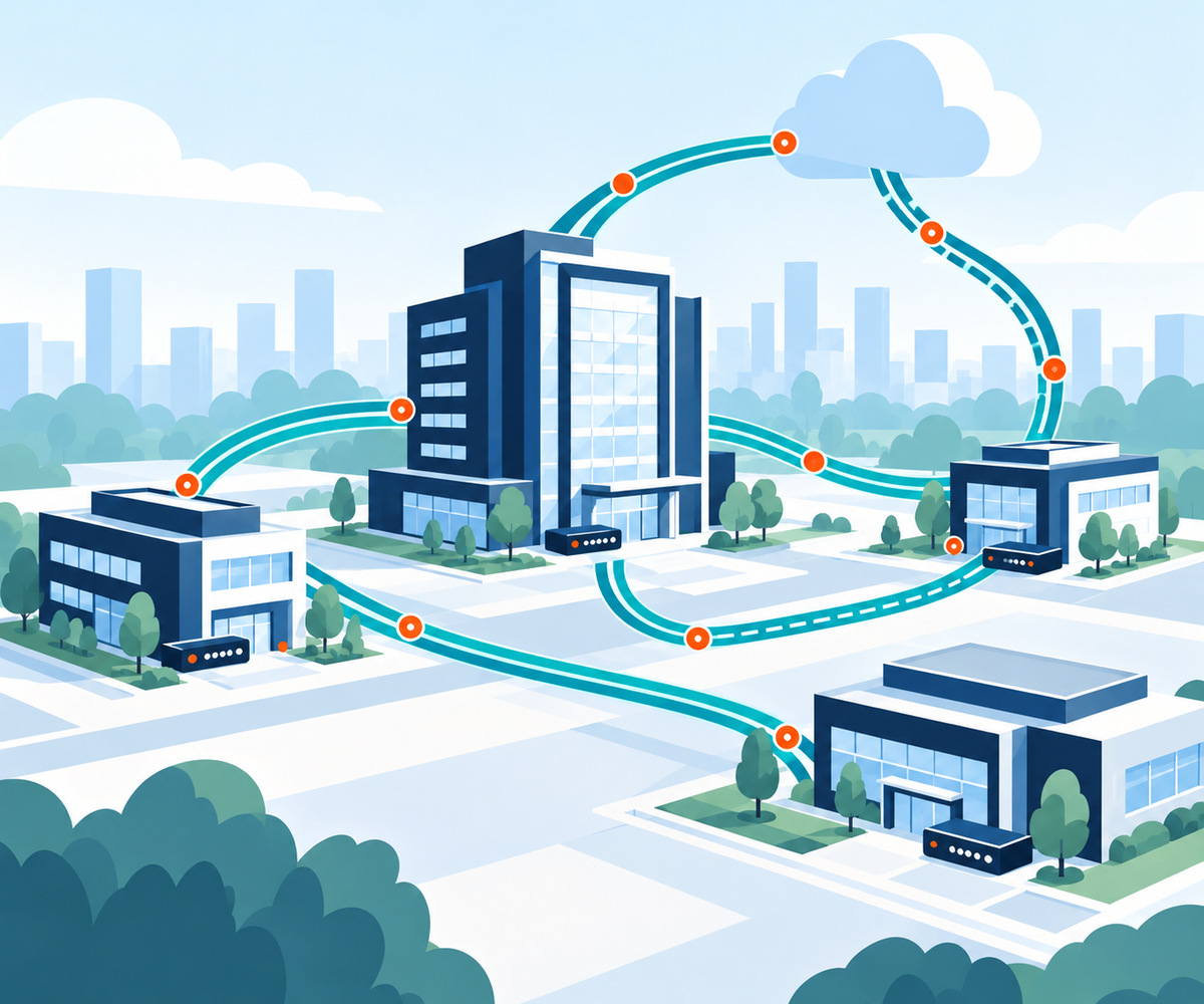 企業 SD-WAN 架構技術與應用情境視覺示意